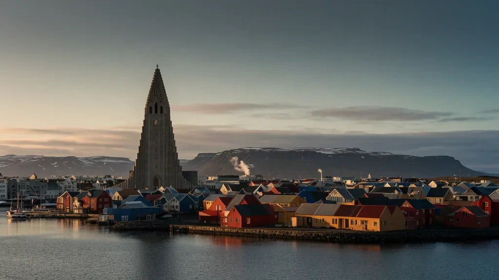 Panorama de Reykjavík avec la tour Hallgrímskirkja et le mont Esja de l'autre côté de la baie à l'heure dorée, scène de voyage en Islande