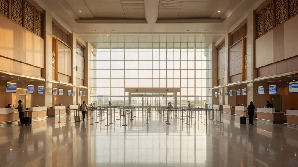 Hall de départ spacieux à l'intérieur du terminal de l'aéroport de Nanchang Yaohu avec comptoirs d'enregistrement, fenêtres vitrées et lumière naturelle.