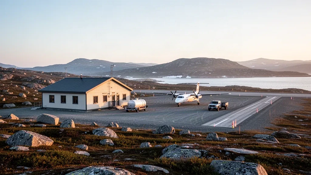 Terminal de l'aéroport isolé de Hopedale et piste en gravier sur la côte du Labrador au lever du soleil, entourés de toundra rocheuse et de basses collines.