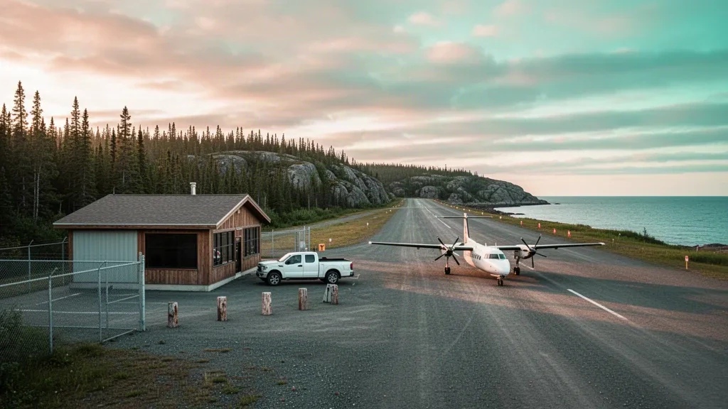 Petit terminal régional et piste en gravier à l'aéroport de Chevery, sur la Basse-Côte-Nord du Québec, entourés de forêt boréale et du golfe du Saint-Laurent.