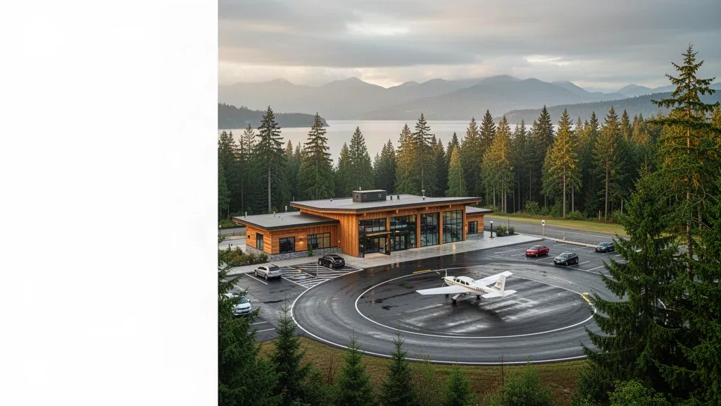 Piccolo terminal regionale presso l'aeroporto di Sechelt-Gibsons, sulla Sunshine Coast della Columbia Britannica, immerso in una foresta di sempreverdi nella luce soffusa del mattino.