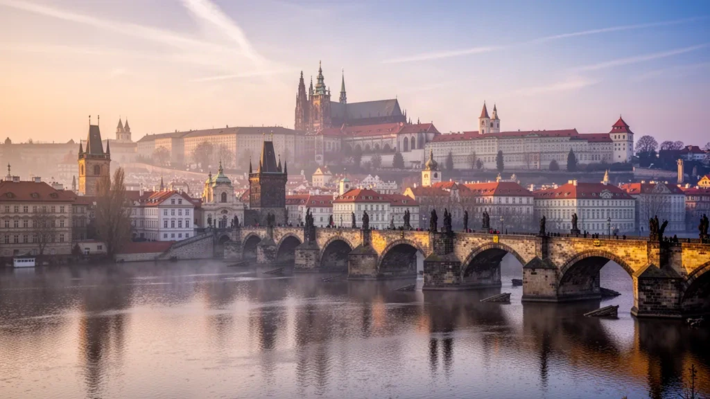 Karlsbrücke und Prager Burg Skyline über der Moldau bei Sonnenaufgang in Prag, Tschechische Republik