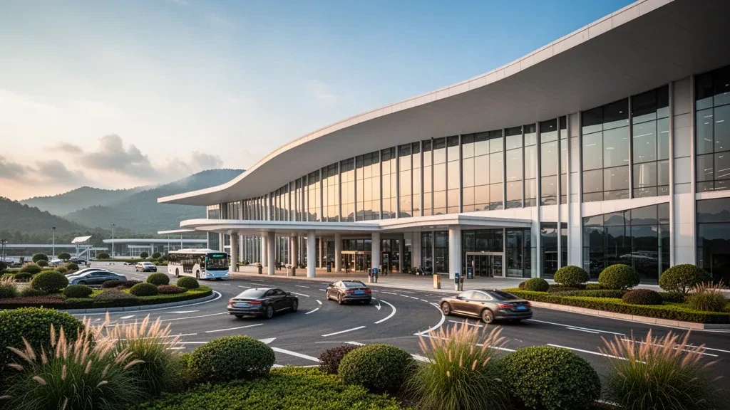 Modern glass terminal exterior at Yichun Mingyueshan Airport in Jiangxi, China, with curved roof, drop-off lanes and green hills at golden hour.