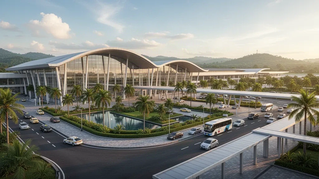 Sıcak tropikal akşam ışığı altında Yogyakarta Uluslararası Havalimanı'ndaki modern terminal binası ve yolcu indirme şeritleri.