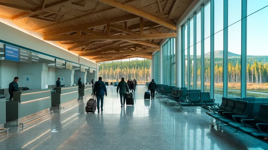 Interior of Arxan Yi'ershi Airport terminal in Inner Mongolia with check-in counters, waiting seats and travellers beside large glass windows