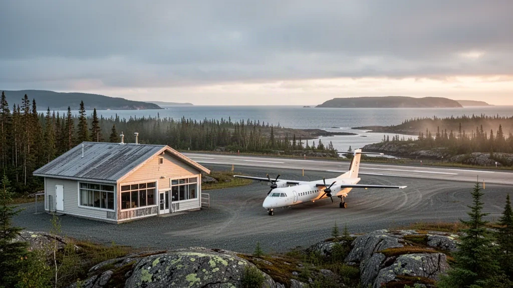 Small regional airport terminal and gravel runway at Saint-Augustin, Quebec, framed by boreal forest and coastal dusk sky