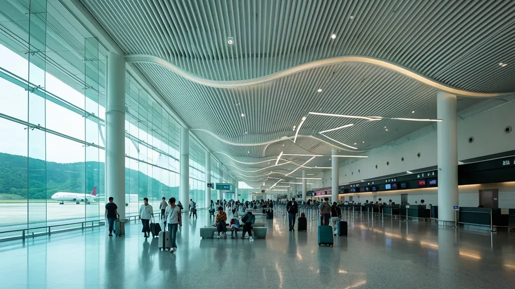 Intérieur moderne du hall de départ de l'aéroport de Yichang Sanxia avec plafond blanc incurvé, murs vitrés et voyageurs aux comptoirs d'enregistrement
