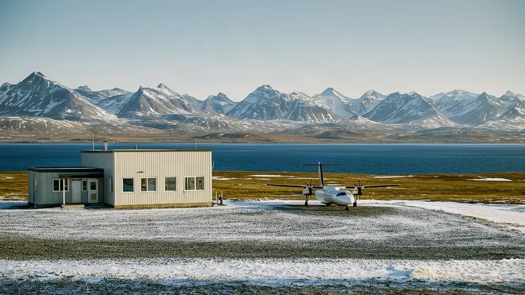 Pequeño edificio de terminal ártica y plataforma de grava en el aeropuerto de Pond Inlet YIO, en Nunavut, Canadá, con tundra y montañas nevadas al fondo
