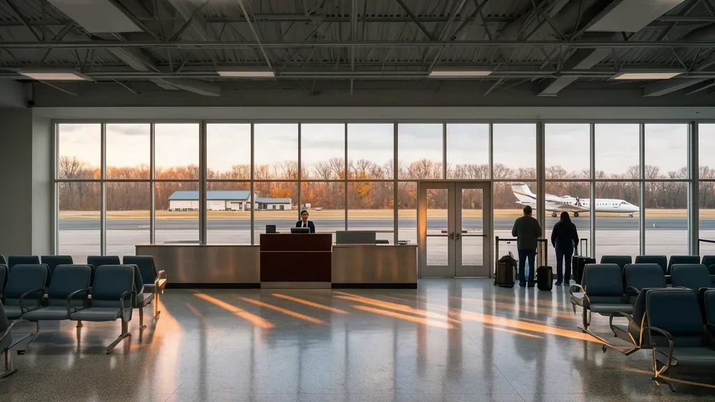 Interior de la terminal del aeropuerto Willow Run YIP en Míchigan con la luz de la mañana cayendo sobre la sala de salidas y el mostrador de facturación