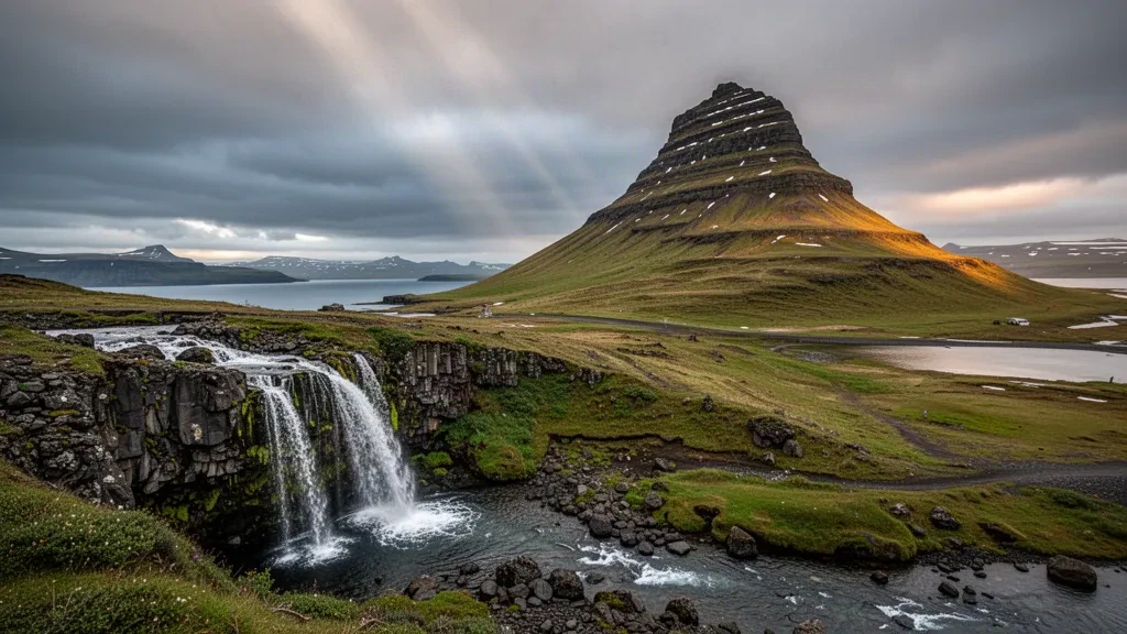 La montagne Kirkjufell et sa cascade s'élevant au-dessus de champs de lave moussus sur la péninsule de Snæfellsnes en Islande sous un ciel dramatique