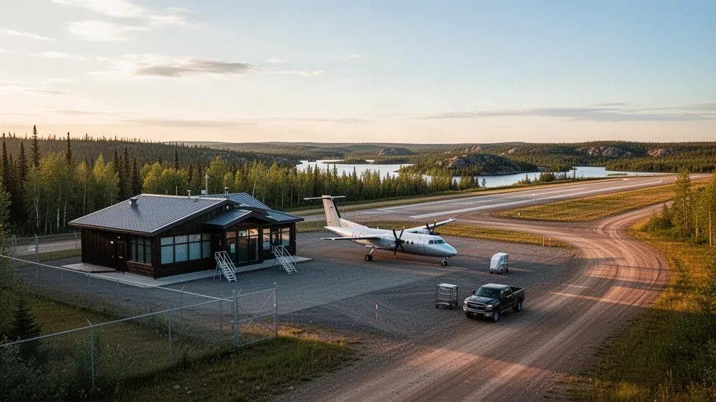 Terminal de aeropuerto remoto del norte de Manitoba y avión turbohélice en la plataforma junto al bosque boreal a la hora dorada cerca de Island Lake