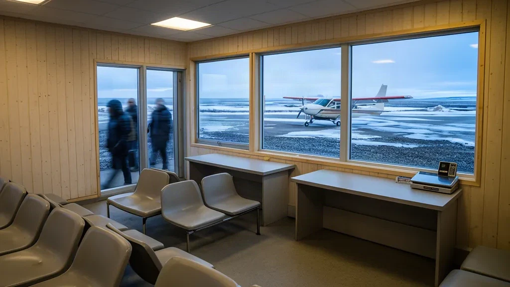 Petit terminal d'aéroport isolé à l'aéroport d'Island Lake (YIV) dans le nord du Manitoba, avec un avion léger stationné sur le tarmac enneigé à l'extérieur