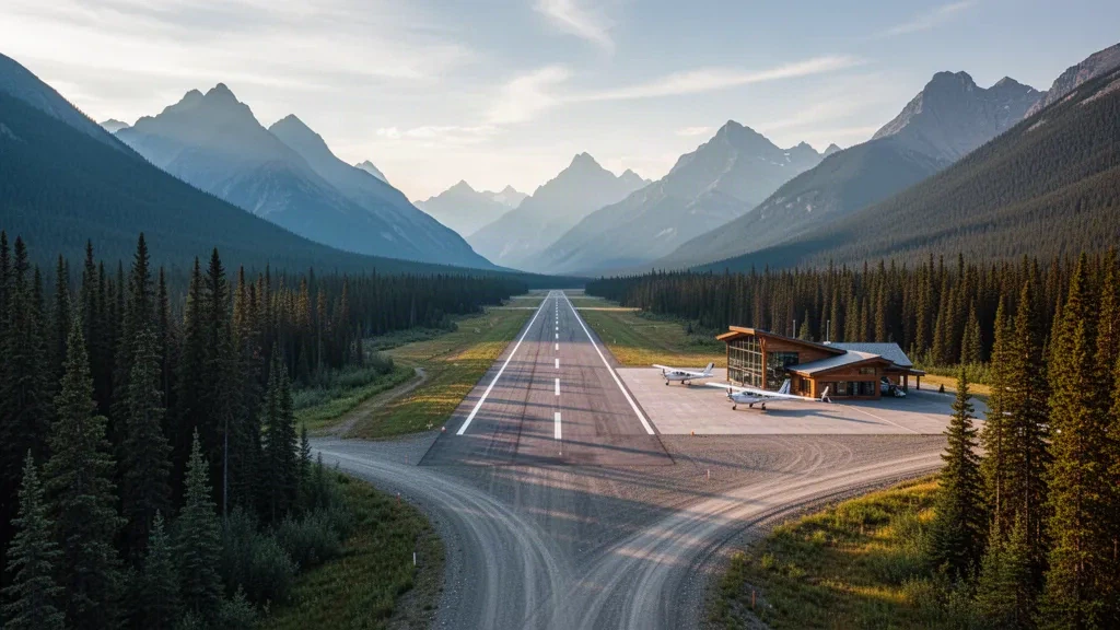 Quiet mountain airfield near Jasper, Alberta, with a small terminal building, parked light aircraft and the Canadian Rockies at golden hour.