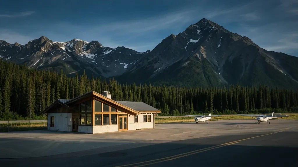Kleines Terminalgebäude und Landepiste am Flughafen Jasper YJA mit bewaldeten Bergketten der kanadischen Rocky Mountains dahinter im warmen Nachmittagslicht
