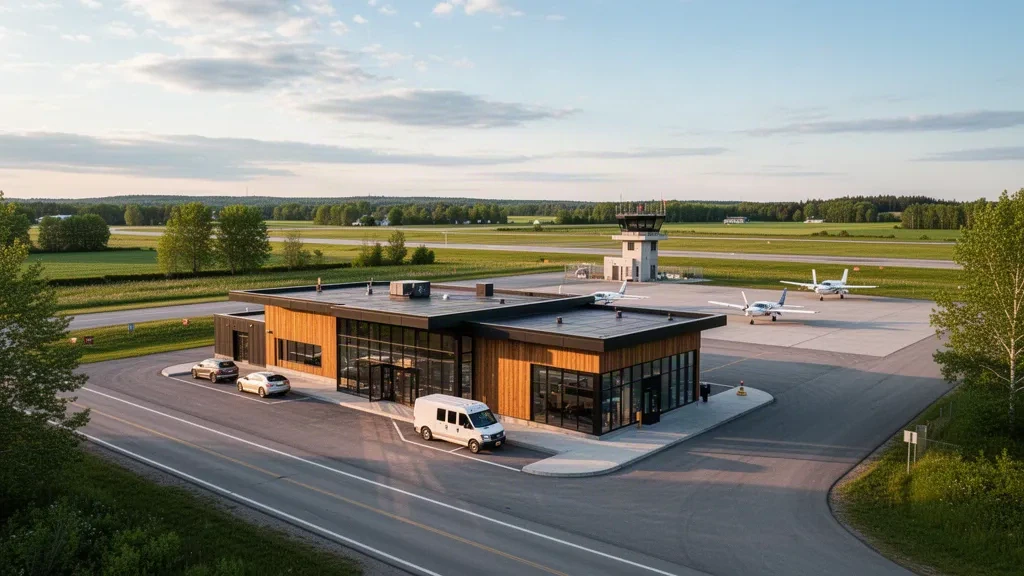 Terminal moderna de vidrio y plataforma de aeronaves ligeras en el aeropuerto de Saint-Jean-sur-Richelieu, Quebec, en una tarde despejada