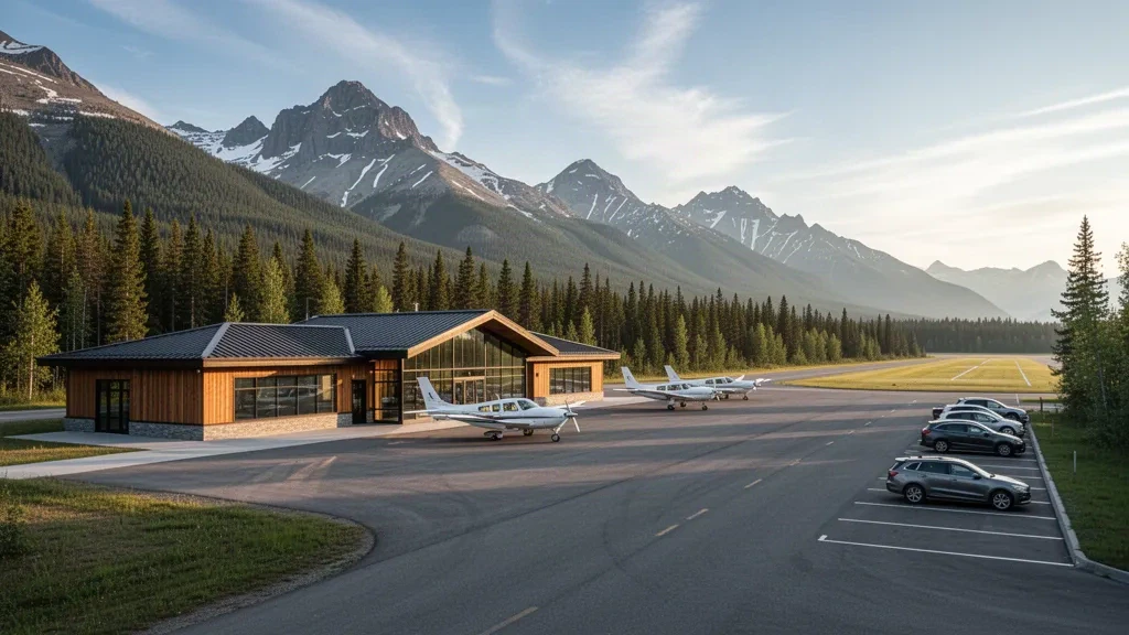 Petit terminal régional de l'aéroport de Jasper-Hinton près de Hinton, en Alberta, entouré de forêt boréale et des contreforts des Rocheuses à l'heure dorée.