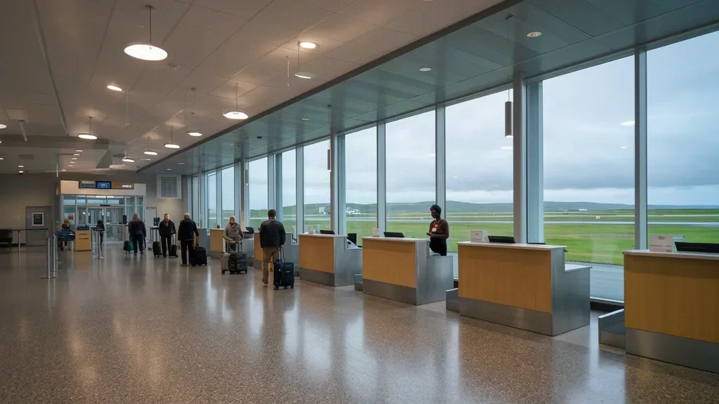 Innenbereich des Terminals am Stephenville Dymond International Airport (YJT) in Neufundland mit Check-in-Schaltern und großen Fenstern