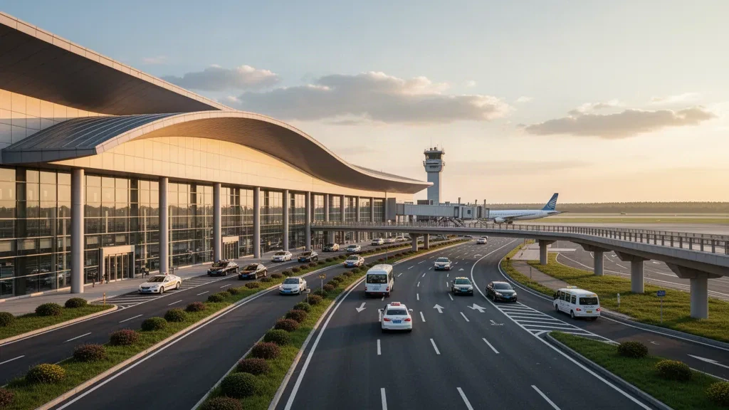 Extérieur moderne du terminal en verre et voies de dépose à l'aéroport de Yingkou Lanqi dans le Liaoning, en Chine, baignés par la lumière chaude de fin d'après-midi