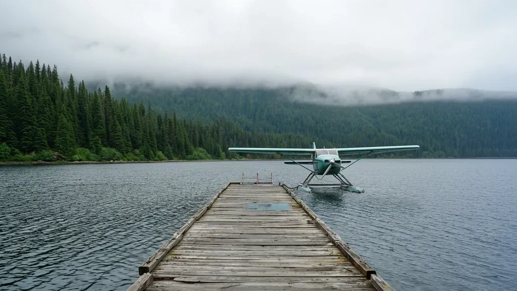 Wooden dock and moored floatplane at Kitkatla Seaplane Base YKK in British Columbia, Canada.