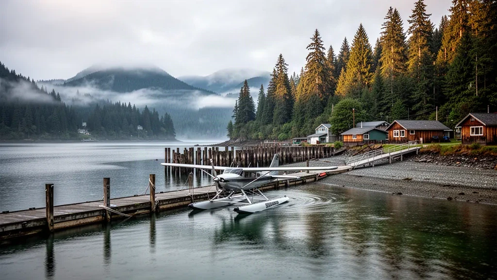 Idrovolante ormeggiato a un molo di legno su un'insenatura riparata e boscosa all'idroscalo di Kitkatla in British Columbia