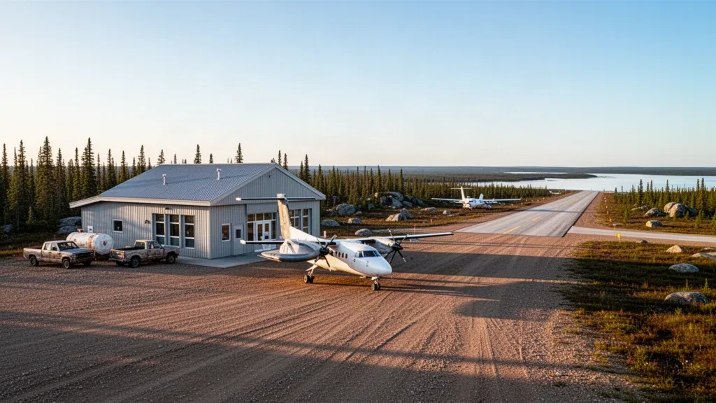 Remote northern Quebec airport terminal and gravel apron with a parked turboprop at Waskaganish on the James Bay coast
