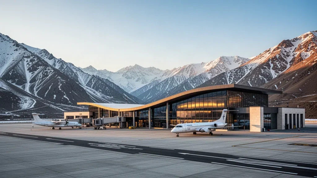 Modern glass terminal building of Hakkari Yüksekova Airport with snow-dusted mountains and a quiet apron at golden hour