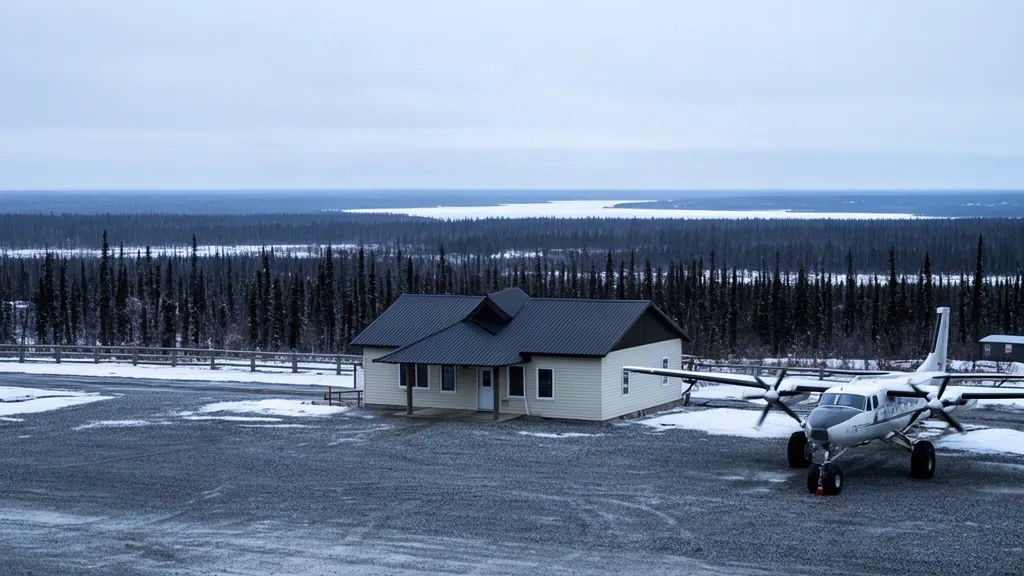 Kleines Terminalgebäude am Flughafen Waskaganish YKQ im Norden Quebecs, umgeben von schneebedecktem borealem Wald unter einem kalten, bedeckten Himmel