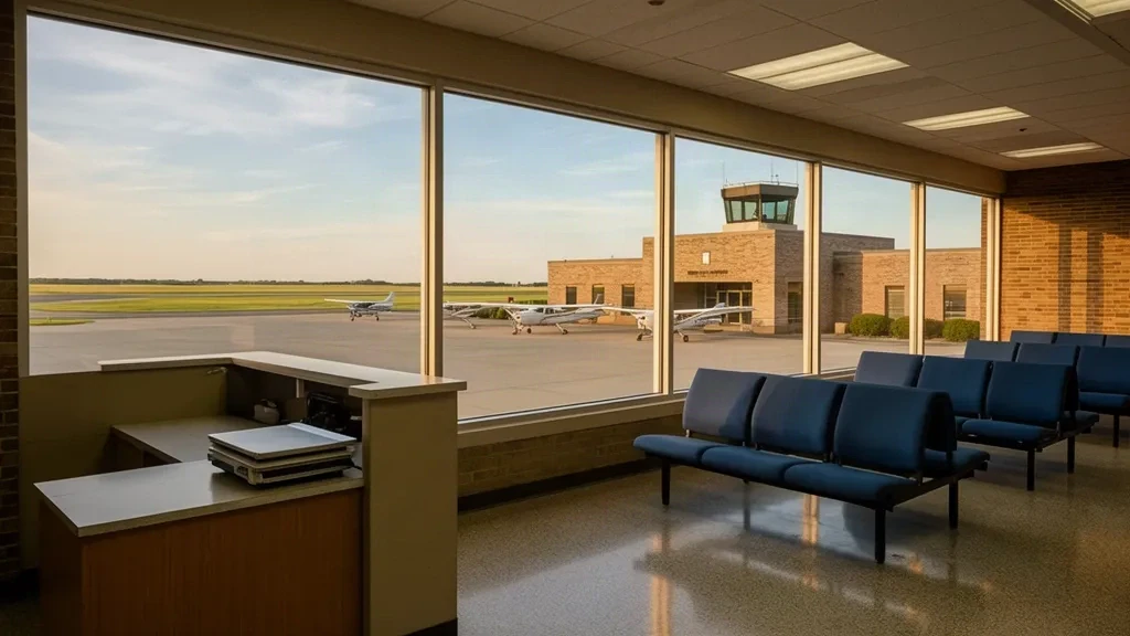 Kleines Terminalinterieur und Check-in-Schalter am Chan Gurney Municipal Airport in Yankton, South Dakota, mit Tageslichtfenstern zum Vorfeld