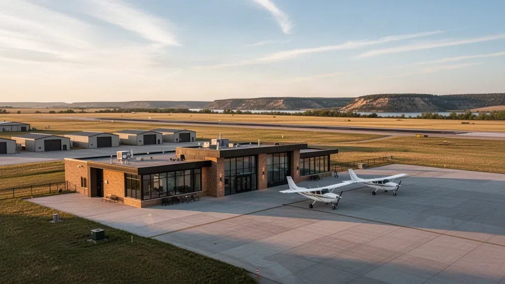 Vue à l'heure dorée du terminal bas, de l'aire de trafic et des hangars de l'aéroport municipal Chan Gurney à Yankton, dans le Dakota du Sud.
