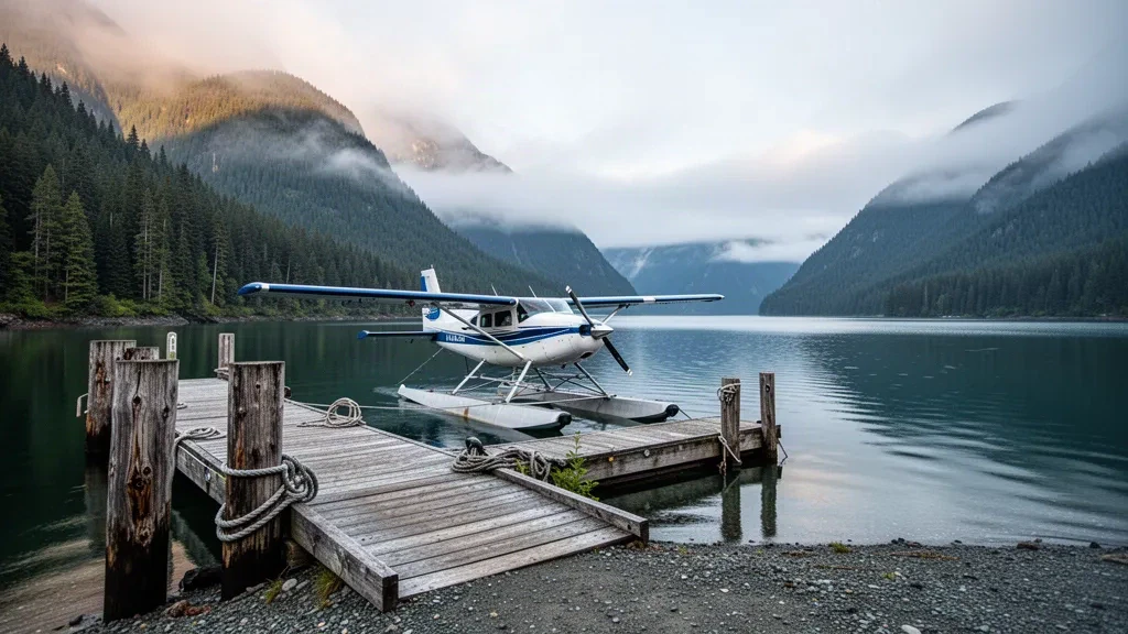 Wasserflugzeug an einem hölzernen Steg am Klemtu Water Aerodrome vertäut, umgeben von nebligem Regenwald und Küstenmeerwasser in British Columbia