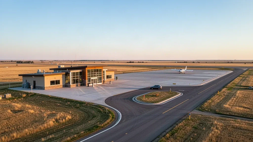 Piccolo terminal a un piano e piazzale tranquillo presso l'aeroporto di Kindersley in Saskatchewan sotto un ampio cielo di prateria all'ora d'oro.