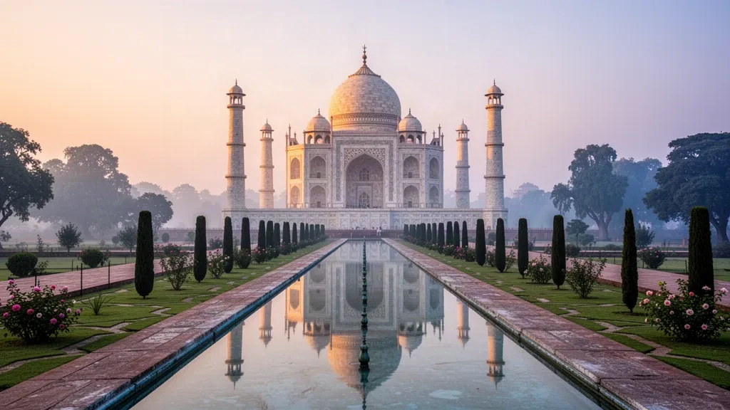 Taj Mahal à Agra, en Inde, rayonnant au lever du soleil avec son bassin réfléchissant et ses jardins charbagh dans une douce lumière matinale