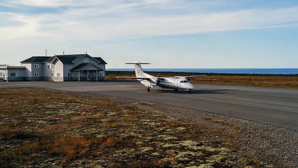 Terminal et aire de l'aéroport de Chisasibi YKU le long de la piste dans le nord du Québec sous une lumière subarctique dégagée