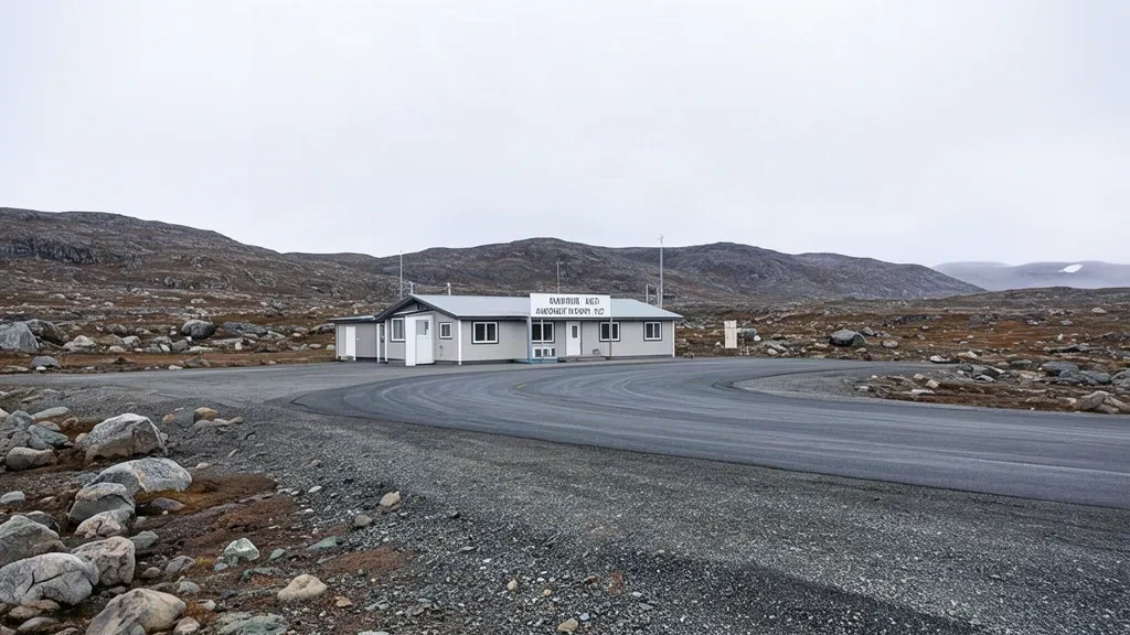 Petit terminal de l'aéroport de Kimmirut YLC au Nunavut, au Canada, au bord d'une piste en gravier entourée de toundra rocheuse sous un ciel couvert.