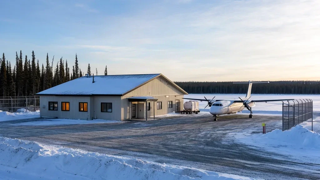 Small snow-covered terminal building and parked twin-turboprop aircraft at Whatì Airport in the Northwest Territories during winter