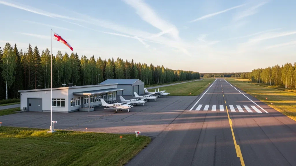 Kleine finnische Regionalflugplatz-Abstellfläche mit Leichtflugzeugen neben einem Glas-Terminalgebäude in der Nähe von Ylivieska zur goldenen Stunde