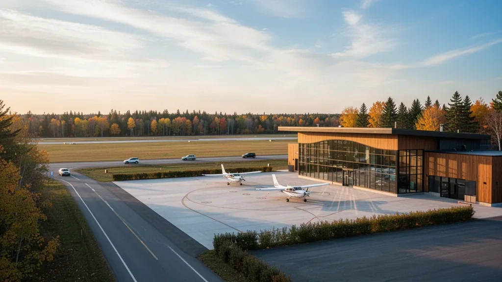 Modernes Glasterminal und Kleinflugzeug auf dem Vorfeld am Lake Simcoe Regional Airport in Ontario zur goldenen Stunde