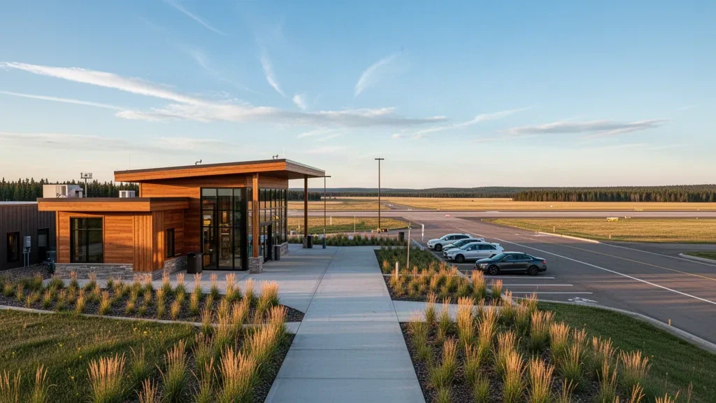 Extérieur d'un terminal moderne à l'aéroport de Meadow Lake en Saskatchewan avec paysage de prairie et lumière dorée