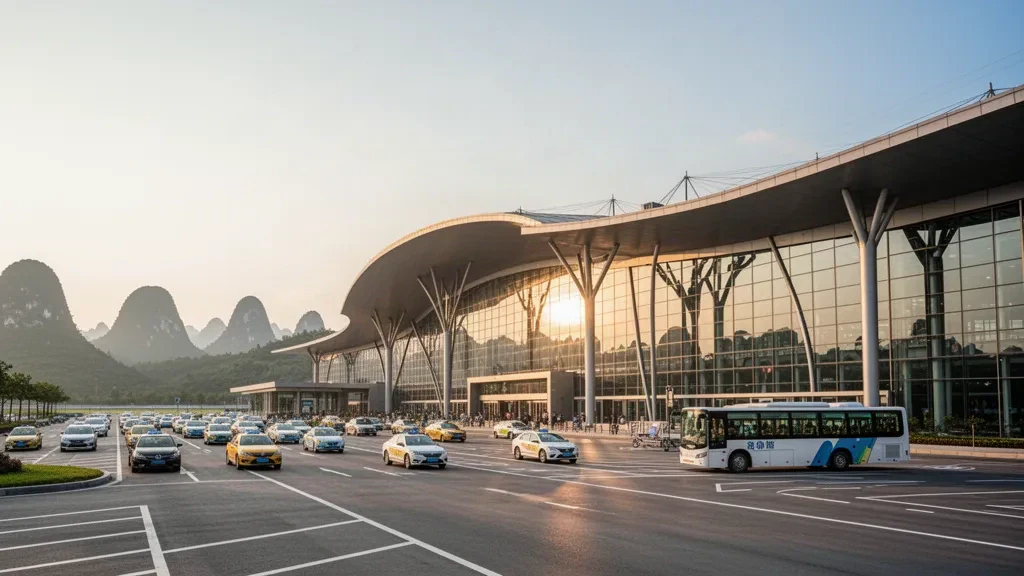 Modern glass terminal of Yulin Fumian Airport in Guangxi, China, with curved roof and drop-off lanes at golden hour.