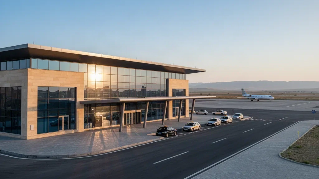 Extérieur moderne du terminal de l'aéroport de Yevlakh en Azerbaïdjan avec une voie de dépose-minute et des avions stationnés sur le tarmac à l'heure dorée.