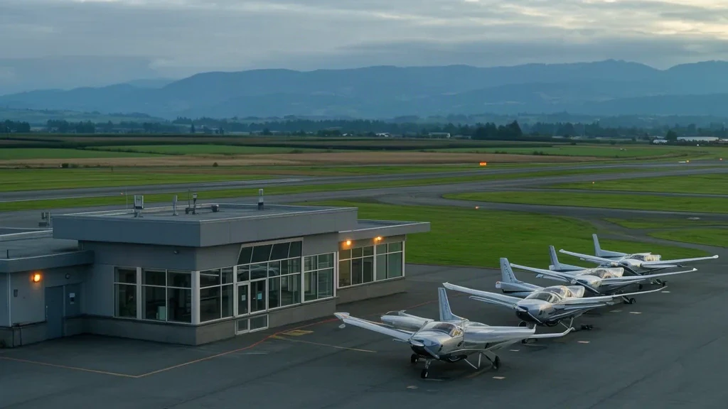 Aeromobile leggero monomotore parcheggiato sul piazzale accanto al piccolo edificio terminal dell'Aeroporto Regionale di Langley in Columbia Britannica