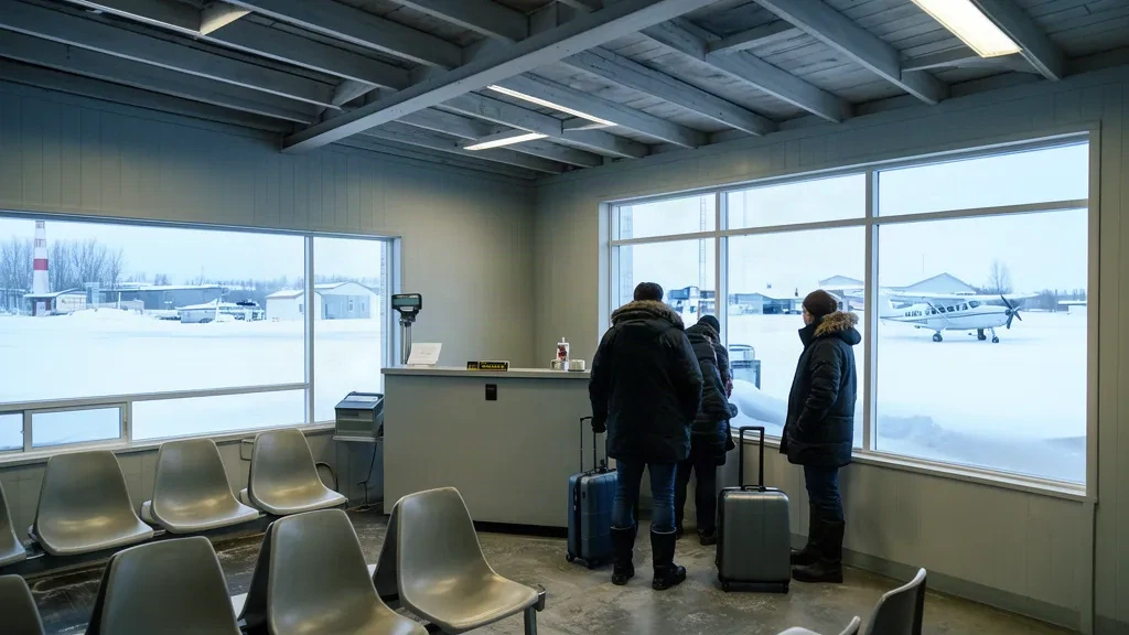 Innenraum des Terminals des Flughafens Mayo YMA in Yukon mit Check-in-Schalter, Wartestühlen und verschneitem Vorfeld, das durch Fenster sichtbar ist