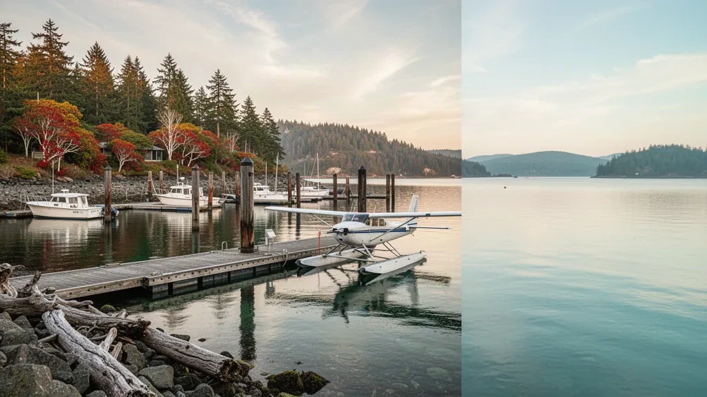 Idrovolante ormeggiato a un pontile galleggiante a Montague Harbour sull'isola di Galiano, una pittoresca base per idrovolanti delle Gulf Islands in British Columbia durante l'ora d'oro.