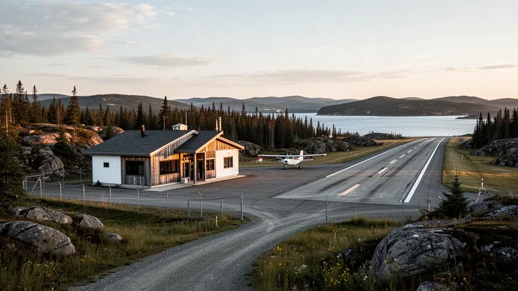 Pequeña terminal remota y pista en el aeropuerto de Mary's Harbour, en el paisaje costero de Labrador, Canadá, bajo una suave luz norteña.