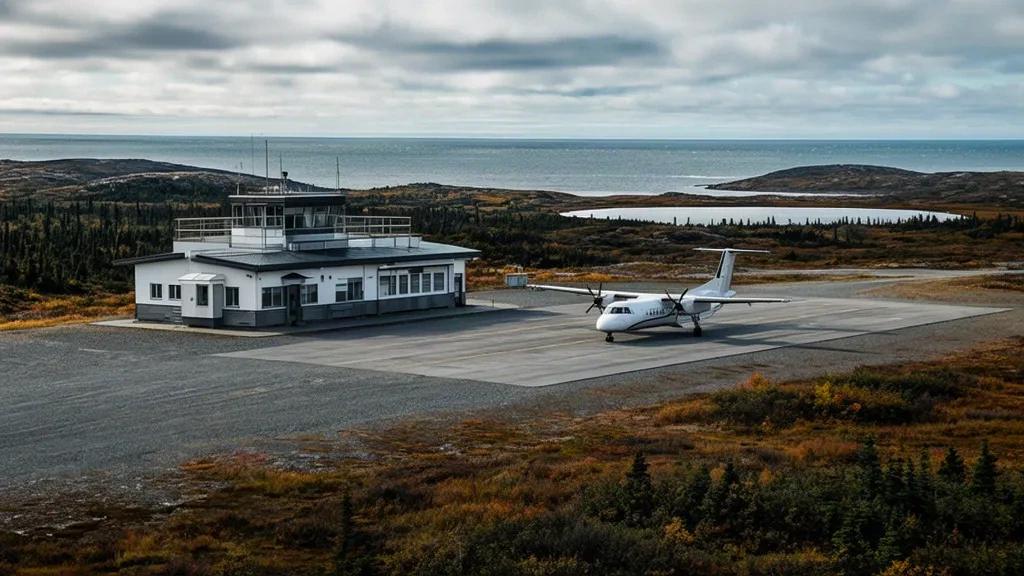 Petit terminal régional de l'aéroport de Mary's Harbour au Labrador, au Canada, avec un avion de ligne bimoteur stationné sur l'aire de trafic.