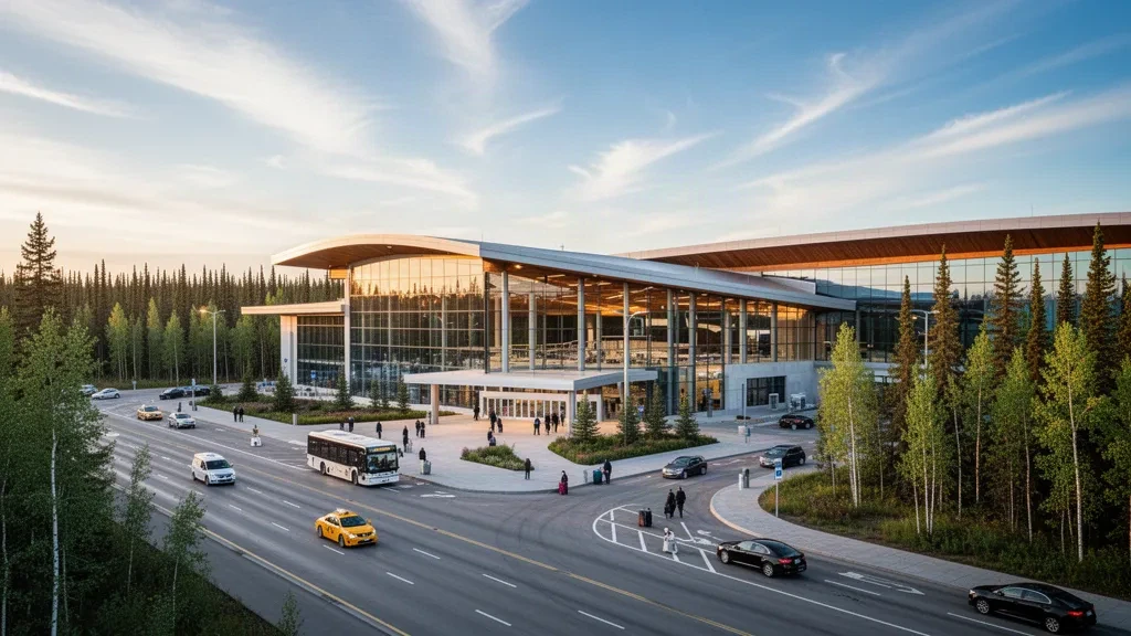Moderne Glasfassade des Terminals am Fort McMurray International Airport in Alberta mit Abholspuren und borealem Wald zur goldenen Stunde.