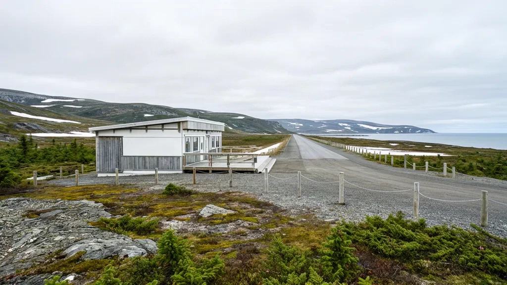 Pequeño edificio terminal y plataforma de grava en el Aeropuerto de Makkovik YMN, en la costa de Labrador, bajo un frío cielo norteño cubierto