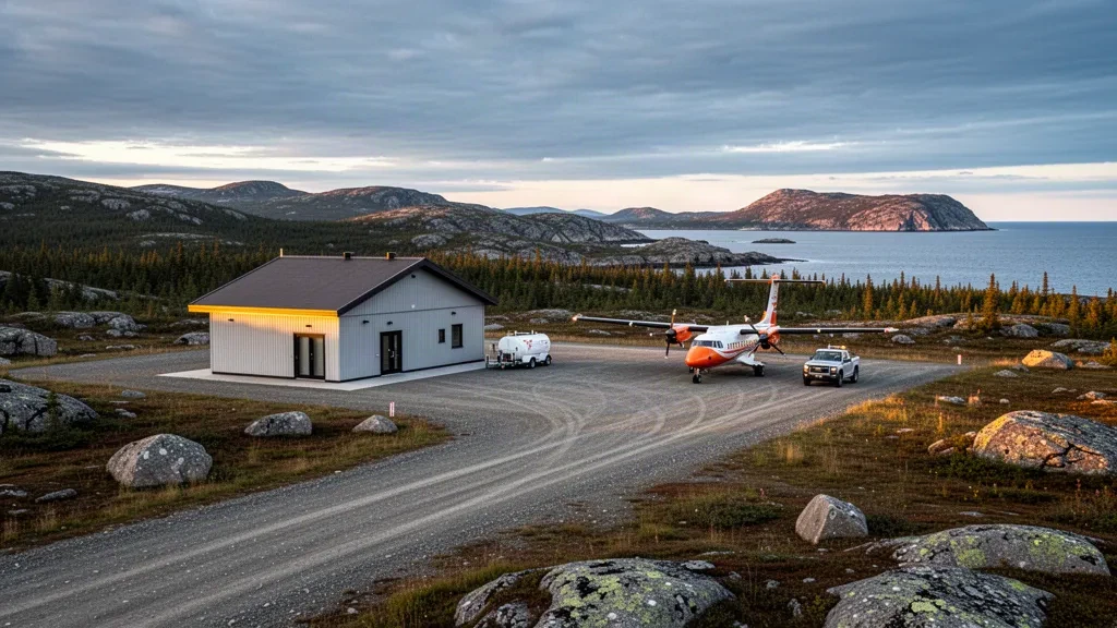 Pista remota in ghiaia e piccolo edificio terminal all'aeroporto di Makkovik in Labrador sotto un cielo nordico sereno