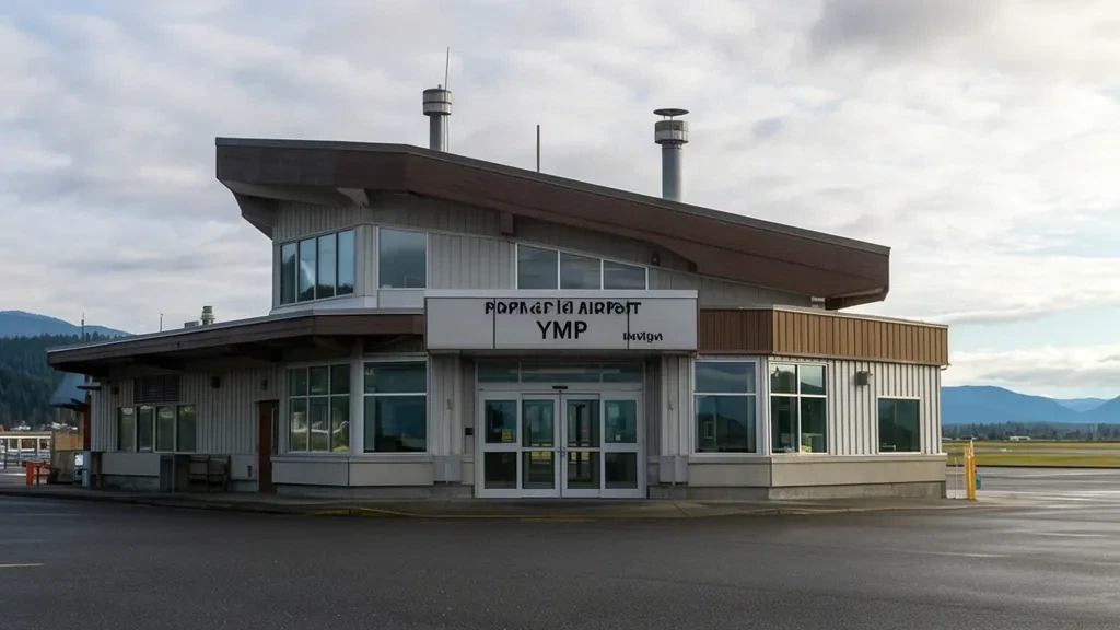 Veduta esterna dell'edificio del terminal dell'aeroporto di Port McNeill (YMP) in Columbia Britannica, Canada.