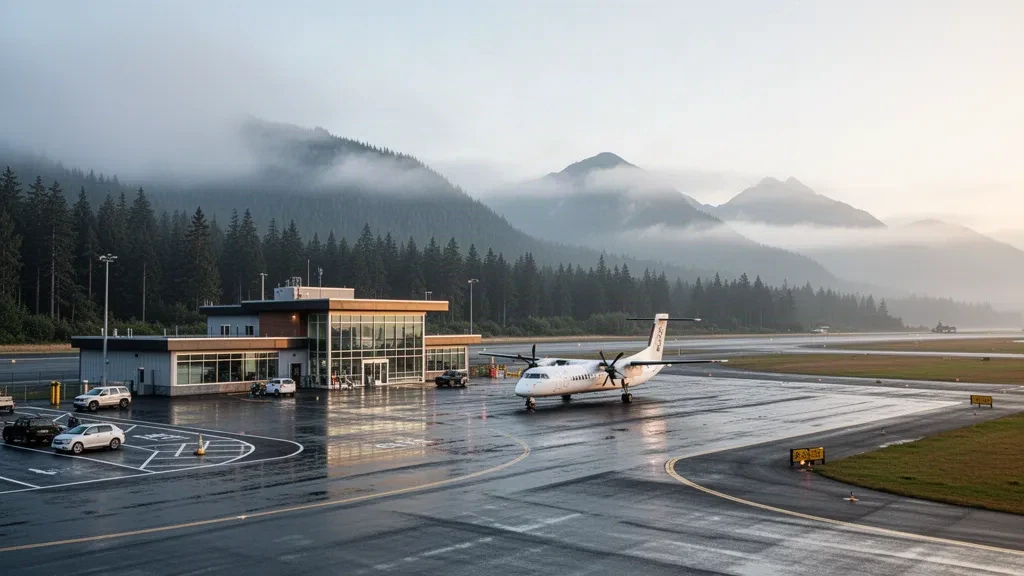 Port McNeill, British Columbia yakınlarında küçük bir kıyı havaalanı terminali ve pisti, her dem yeşil orman ve dağlar.